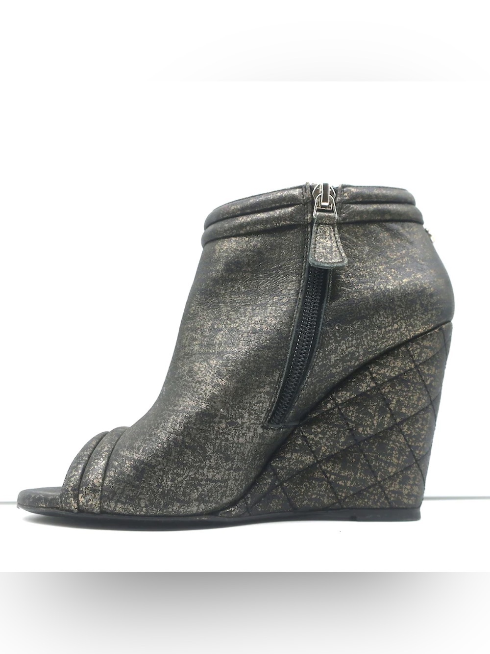 Authentic Chanel Black & Gold Metallic Distressed Lambskin Open-Toe Wedge Ankle